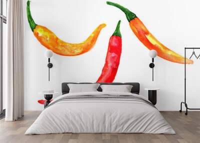 Set of watercolor drawings of chili peppers on white Wall mural