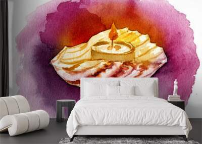 Small candle burning in scallop shell, table decoration. Wall mural