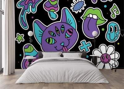 Colored group of groovy emotes and icons Abstract cat Vector Wall mural