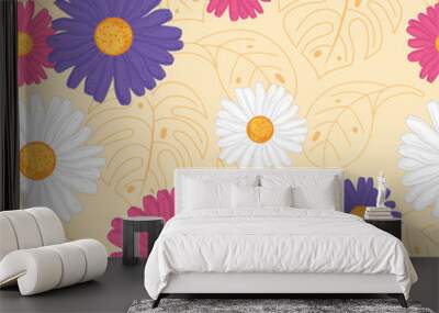 Colorful daisies and leaves seamless floral pattern Vector Wall mural