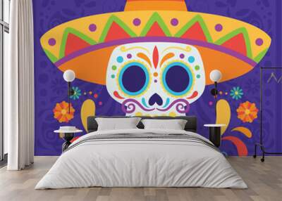 Dia de los muertos poster Skull with traditional mexican hat Vector illustration Wall mural