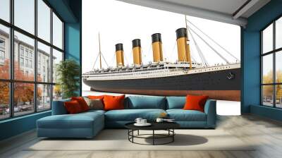 A black and white ship with four chimneys and a white and black hull against a white background. Wall mural