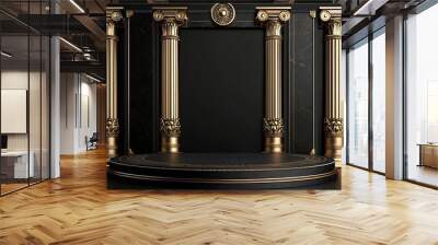 A black marble podium with golden trim is surrounded by four golden columns, each with an ornate capital. A black and gold circular design with a stylized sun sits above the columns. Wall mural