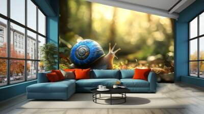 A blue snail with a spiral shell crawls across moss in a forest, with a warm, golden light filtering through the trees. Wall mural