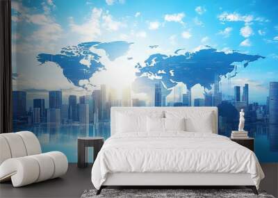 A city skyline with a world map silhouette in the sky, symbolizing global connection and urban development. Wall mural