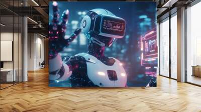 A humanoid robot wearing a VR headset interacts with a glowing digital interface in a futuristic cityscape. Wall mural