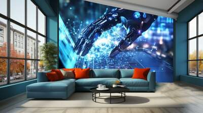 A robotic hand typing on a laptop with glowing blue light and data streams. Wall mural