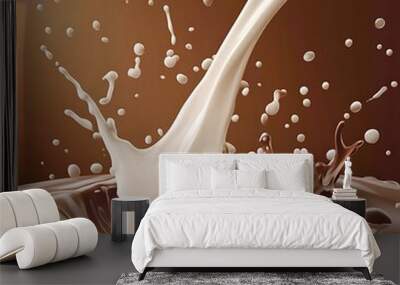 A splash of milk being poured into a pool of liquid chocolate creating a crown of milk and chocolate droplets against a brown background. Wall mural