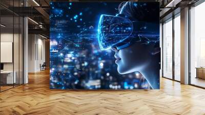 A woman wearing a VR headset with glowing lines around her and a city background with light trails,  representing the future of technology. Wall mural