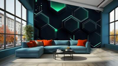 Abstract background with glowing green hexagons on dark surface. Wall mural