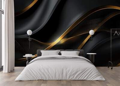 Abstract black and gold wavy background with metallic texture. Wall mural