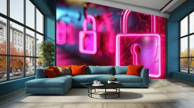 abstract glowing binary ransomware attack multicolor technology background with padlocks as cyber security system Wall mural