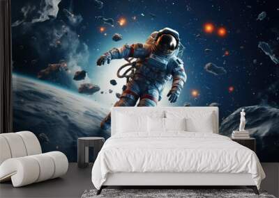 Astronauts exploring outer space doing spacewalks. 3D Wall mural