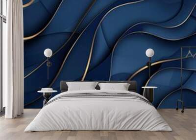 Craft a visually appealing modern 3D abstract background in deep blue with elegant gold line shapes, providing a stylish and dynamic visual concept Wall mural