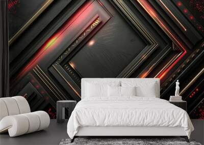 Create a luxurious vector background illustration of futuristic technology, featuring abstract golden directional arrows on a sleek black metal and red modern space Wall mural