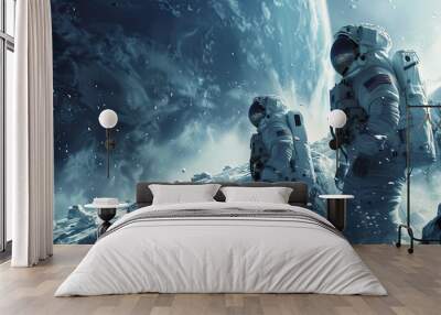 Develop a prompt portraying astronauts on an extravehicular expedition beyond the blue planet, conducting spacewalks in the void of space. Wall mural