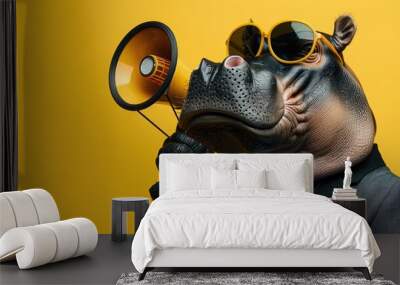 Hipster Hippopotamus in a Suit Wearing Sunglasses and Holding a Yellow Megaphone Against a Yellow Background Wall mural