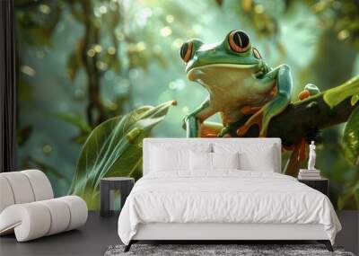 Imagine a whimsical scene where a curious frog hops from a tree Wall mural