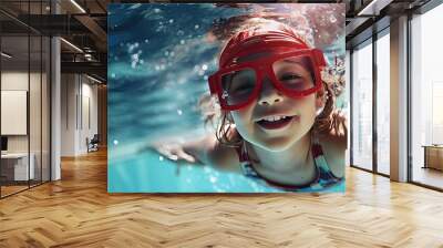 Little Caucasian girl child with black goggles and red Wall mural