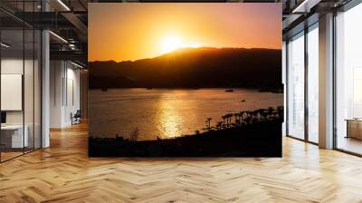 Aerial view at calm sea and mountains at sunset. Sandy beach with rocky coastline and palm trees. Beautiful landscape with horizont in summer evening rays, Sharm El Sheikh, Egypt, banner. Wall mural