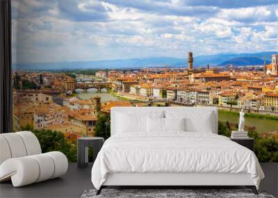 Panoramic view, aerial skyline of Florence Firenze on blue backdrop. Famous european travel destination. Beautiful architecture renaissance church. Summer landscape banner. Florence, Tuscany, Italy Wall mural