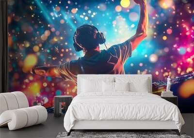 Silhouette of a DJ performing with headphones, mixing console and confetti in a colorful stage light. Wall mural