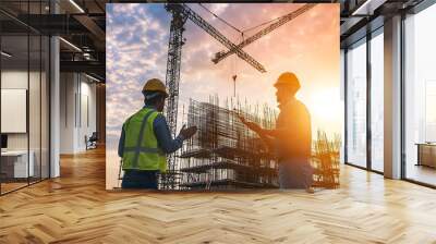 Two construction workers in hard hats stand against a sunset backdrop, discussing plans as a crane lifts steel beams for a new building. Wall mural