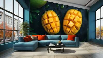 Two halves of a ripe mango, diced and arranged on a dark surface with green leaves. Wall mural