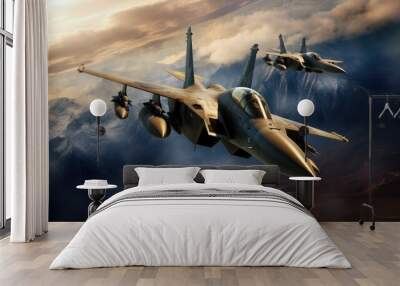 Two military jet fighter planes at high altitude Wall mural