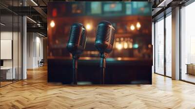 Two vintage microphones on stands in front of a blurred bar background. Wall mural