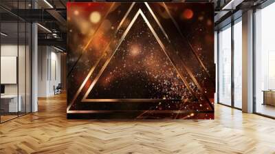 Visualize a luxurious scene featuring an abstract red and gold background adorned with a triangle frame design and glittering gold light effects Wall mural