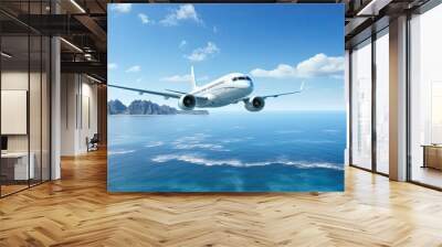 White Jet Passenger Plane over Ocean Deserted Coast Wall mural