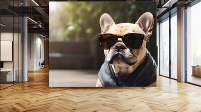 A French Bulldog dog wears sunglasses. Generative AI Wall mural