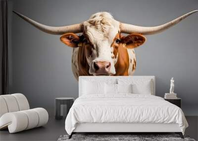 Front view photograph of a Texas Longhorn cow isolated on a clear background. PNG livestock Wall mural