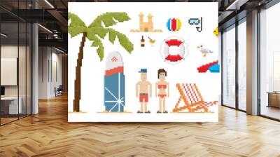 Pixel art style beach set. Vector illustration. Wall mural