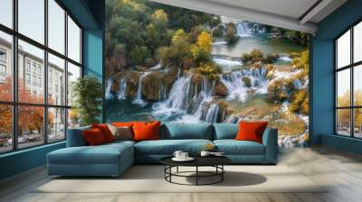 Amazing nature landscape, aerial view of the beautiful waterfall cascade, famous Skradinski buk, one of the most beautiful waterfalls in Europe and the biggest in Croatia, outdoor travel background Wall mural