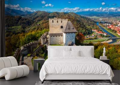 Celje Old castle (Celjski Stari grad), amazing aerial view of medieval fortification and town of Celje in Lasko valley in Julian Alps mountains, Slovenia, Styria. Outdoor travel background Wall mural