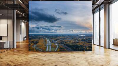 aerial view of highway in autumn with dramatic sky Wall mural