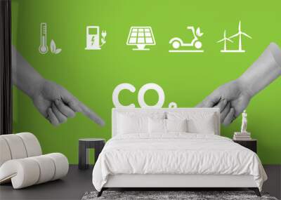 Carbon reduction, sustainable resources, Ecology, stopping global warming. Two hands point to the need for CO2 reduction. Minimalist art collage Wall mural