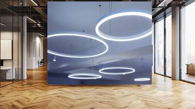 Ceiling with round modern LED lamps. Suspended fluorescent lights under the ceiling. Careful energy consumption, energy saving concept Wall mural