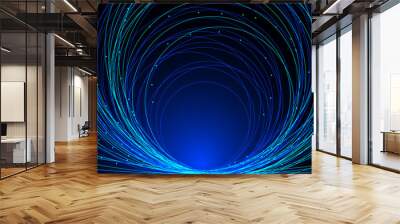 Chaotic interweaving of lines and dots on a dark blue background. Technological background for design on the topic of artificial intelligence, neural networks, big data. Vector background Wall mural