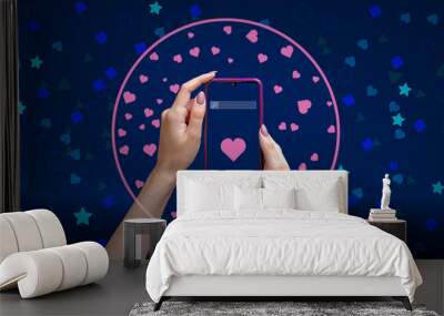 Women hands with smartphone surrounded by semantic bubble or filtration bubble. Hearts on screen. Concept of selectivity, choice of love. Web algorithms, mobile application for dating Wall mural