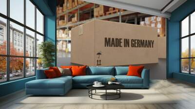 Boxes with MADE IN GERMANY text on conveyor. 3d rendering Wall mural