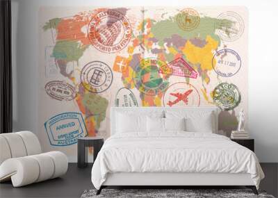 Opened passport with Visas, Stamps, Seals. World Map Travel or Tourism concept Wall mural