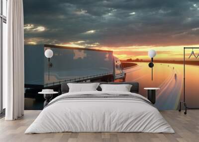 Semi trailer on asphalt road highway at sunset - transportation background. 3d rendering Wall mural