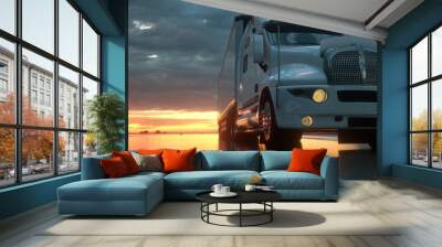 Semi trailer on asphalt road highway at sunset - transportation background. 3d rendering Wall mural