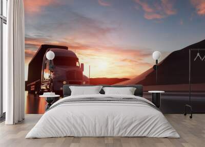 Semi trailer truck with beautiful landscape. 3d illustration Wall mural