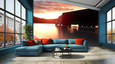 Semi trailer. Truck on the road, highway. Transports, logistics concept. 3d rendering Wall mural