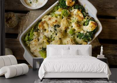 Baked gratin of cauliflower, broccoli and romanesco with cream and mustard sauce Wall mural