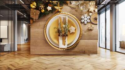 Christmas or New Year table setting.  Place setting for Christmas Dinner. Holiday Decorations. Wall mural